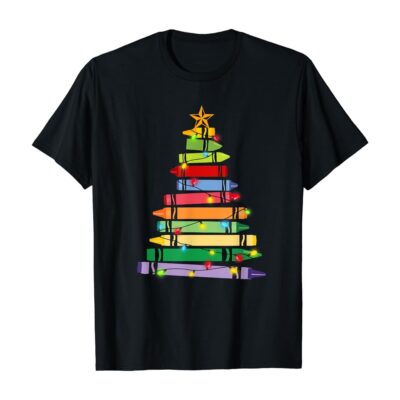 Teacher Christmas T-Shirt Crayon Tree Light Gifts Student
