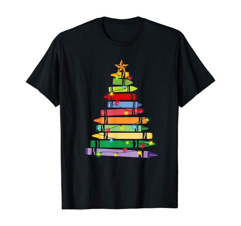 Teacher Christmas T-Shirt Crayon Tree Light Gifts Student