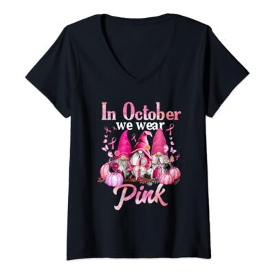 Womens In October We Wear Pink Gnomes Halloween Breast Cancer Awareness T-Shirt