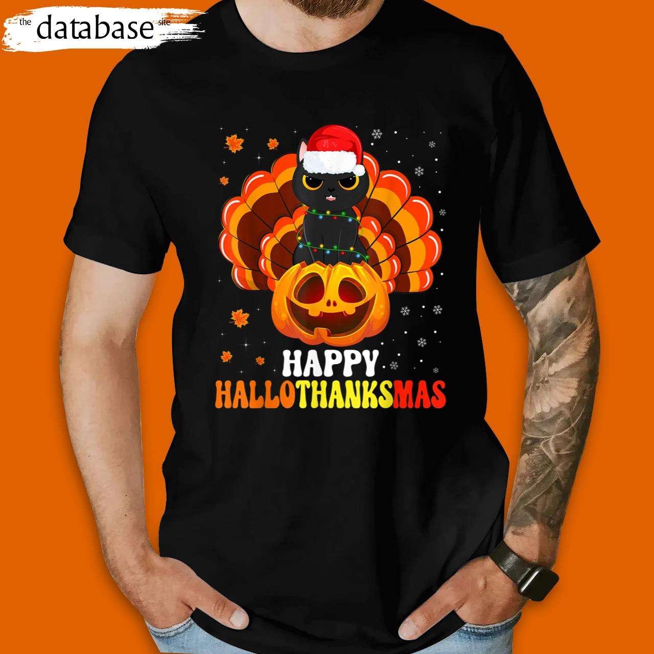 Happy Hallothanksmas Black Cat Lover Santa Pumpkin Turkey Funny Thanksgiving T-Shirt