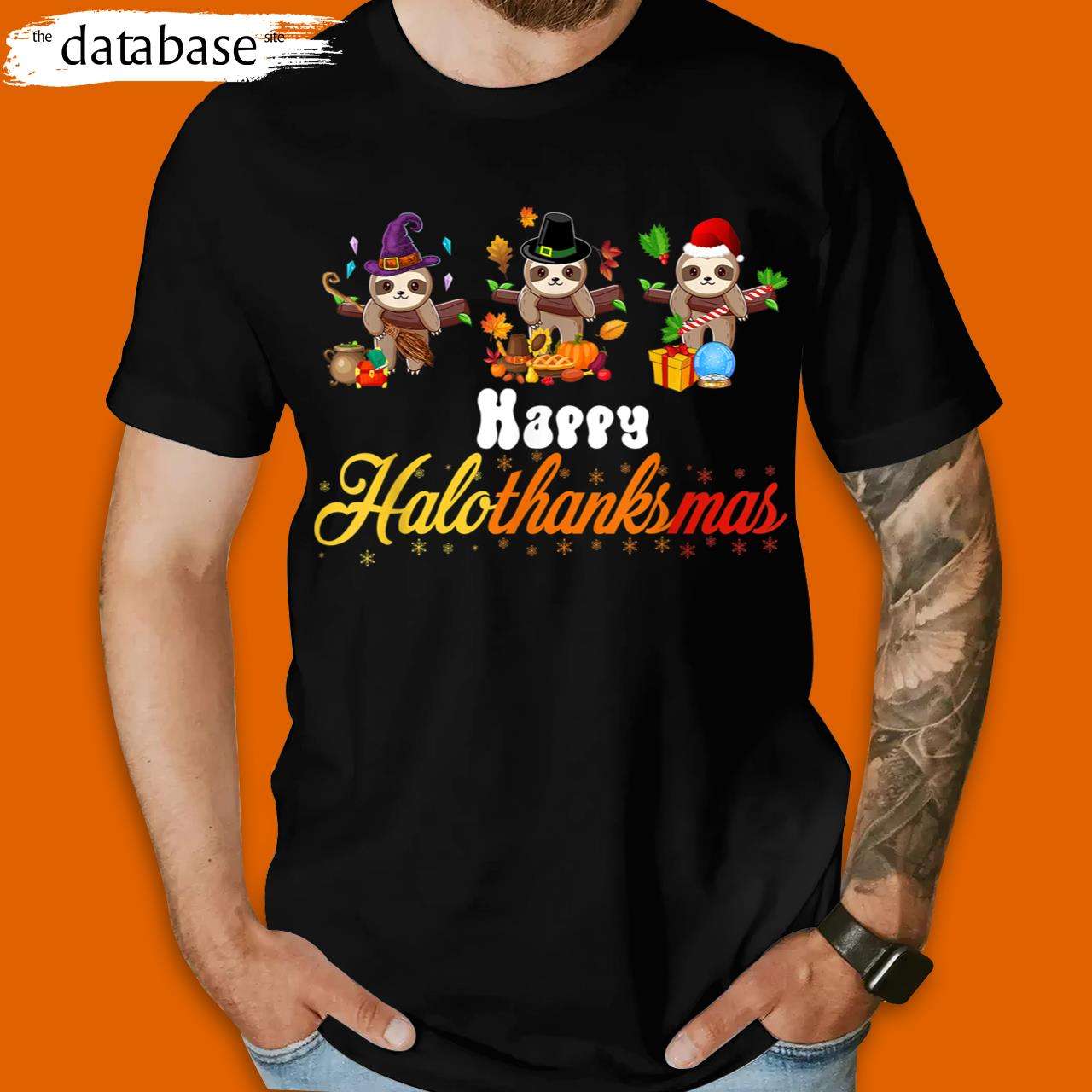Sloth Halloween Christmas Happy Hallothanksmas Funny Thanksgiving T-Shirt